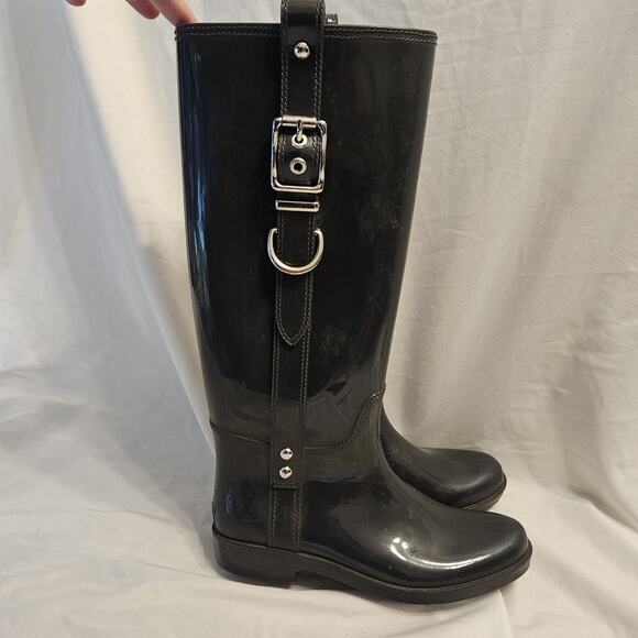 Coach Women's Riding Rain Boots Black Round Toe Knee High Buckle 7 - Picture 6 of 13
